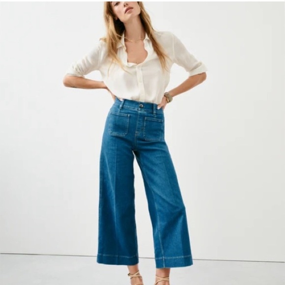 SPANX Cropped Ankle Length Wide Leg Jeans in Shaded Blue, Size Large - Picture 1 of 12